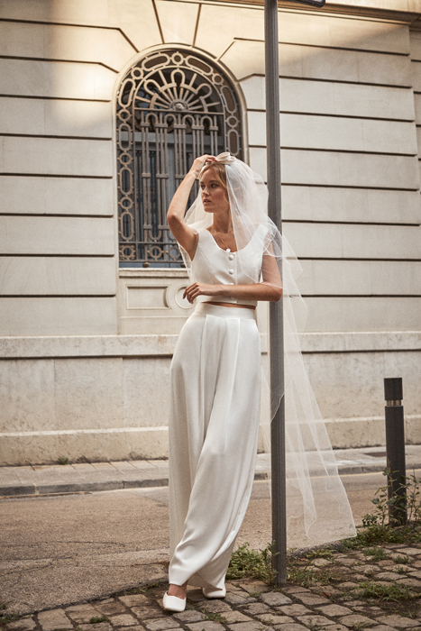 Vintage bride with pants and veil