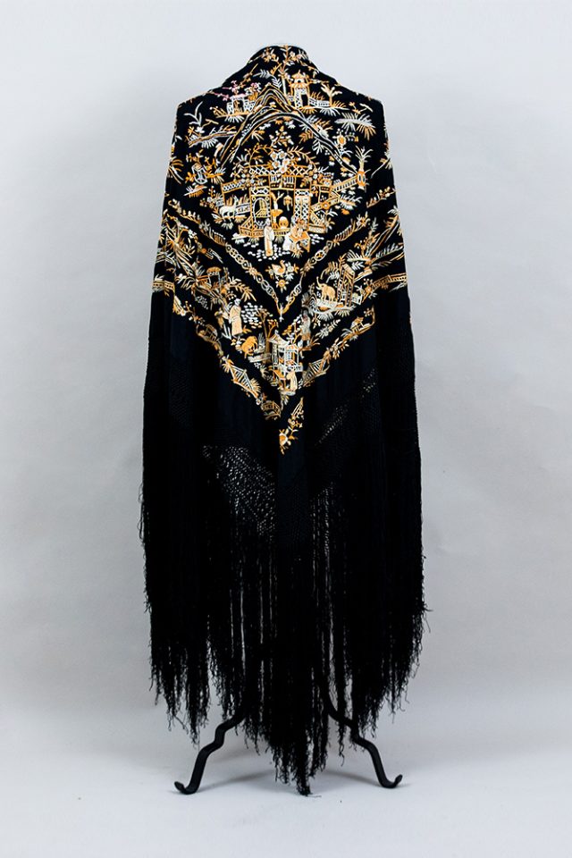 Antique embroidered   black and ocher  Piano Shawl